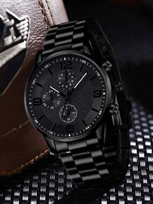 4pcs/Set Men's Black Strap Casual Business Three-Eye Mixed Dial Quartz Watch, Bracelet, Necklace, Ring Jewelry Set, Suitable For Daily Wear Or As Holiday Gift For Friends And Fathers - Black - View 3