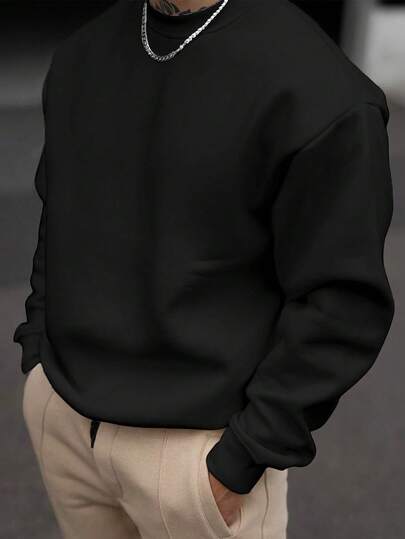 1pc Men's Casual Solid Color Warm Crew Neck Sweatshirt, Spring/Autumn