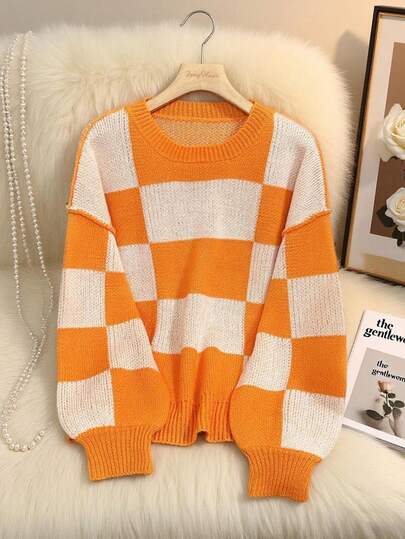 Women's Fashionable Colorblock Plaid Knit Sweater, Loose Casual Top For Autumn/Winter