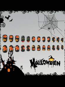Juego de 24 uñas postizas de cobertura completa con diseños de hojas de arce, castillo negro y temática de Halloween para otoño e invierno