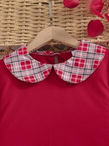 1 pieza Vestido de Navidad a cuadros de manga larga con cuello Peter Pan, estilo dulce y lindo para niñas, con volantes en el bajo, de corte holgado y casual