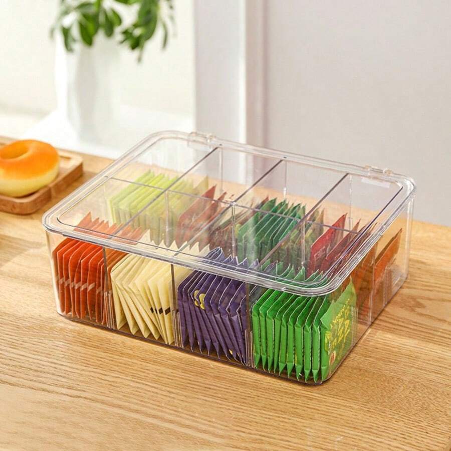 1pc 8-Compartment Tea Bag Storage Box With Lid, Removable Desk Organizer For Living Room, Transparent Acrylic Capsule Coffee Tea Bag Holder Box For Office