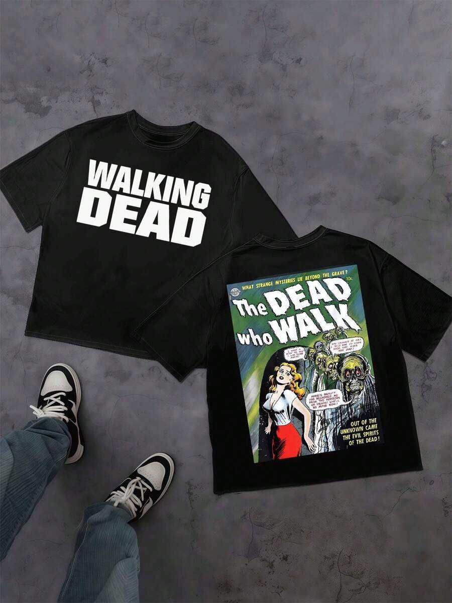 Maglietta da uomo con stampa di fumetti di zombie, girocollo, in puro cotone da 220 g/m², casual, alla moda, stampata su entrambi i lati (confezione da 1)