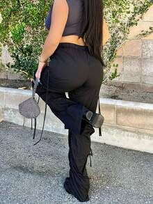 Women's Black Outdoor Sports Retro Cargo Pants, 90s Streetwear Y2K Fashion Pockets