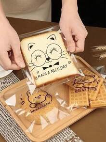 100/200个装食品包装袋，糖果饼干包装袋，可爱动物卡通图案，烘焙切片吐司全麦面包自封包装袋，创意猫咪表情印花烘焙包装袋，透明自粘面包袋，适用于饼干、切片面包、甜甜圈、糖果包装 - 彩色 - 查看 9