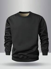 1pc Men's Fleece Crewneck Sweatshirts, Winter Thick Add Thermal Lined Wool Lining Pullover Gift For Boyfriend - Black - View 1