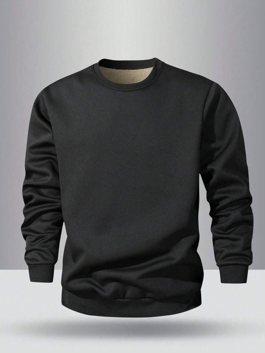 1pc Men's Fleece Crewneck Sweatshirts, Winter Thick Add Thermal Lined Wool Lining Pullover Gift For Boyfriend - Black - View 1