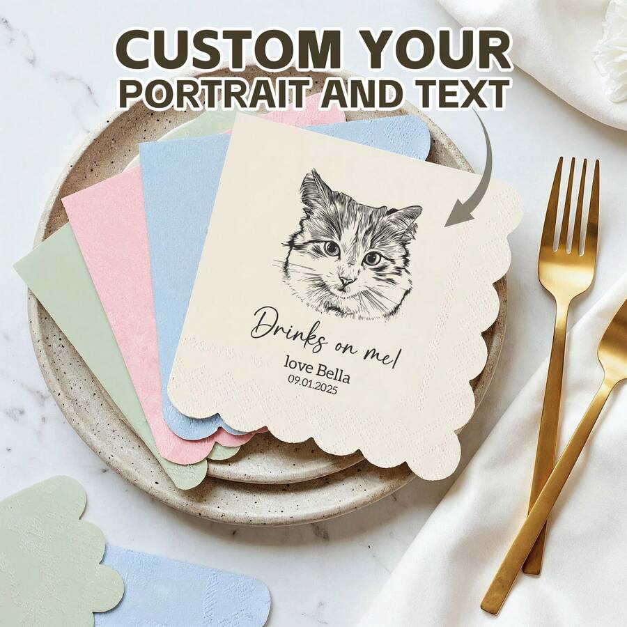 20-500 Pcs Custom Pet Cocktail Napkins, Personalized Paper Napkins With Professional Designer Handcrafts Potrait, 4 Colors Disposable Beverage/Dessert Napkins For Wedding Table Decorations, Perfect For Anniversary, Engagement, Birthday, Bride Shower, Hen Party, Custom Dog Wedding Napkins, Cat Wedding Napkins,Christmas Decor, Scalloped Napkins ,Poetcore ,Forever Love - Multicolor - View 1