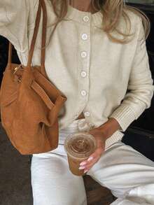 Damen Lässig Herbst und Winter einfarbiger Rundhals Einreiher Pullover Strickjacke Langarm Strickjacke / Vielseitiger Pullover für den täglichen Arbeitsweg