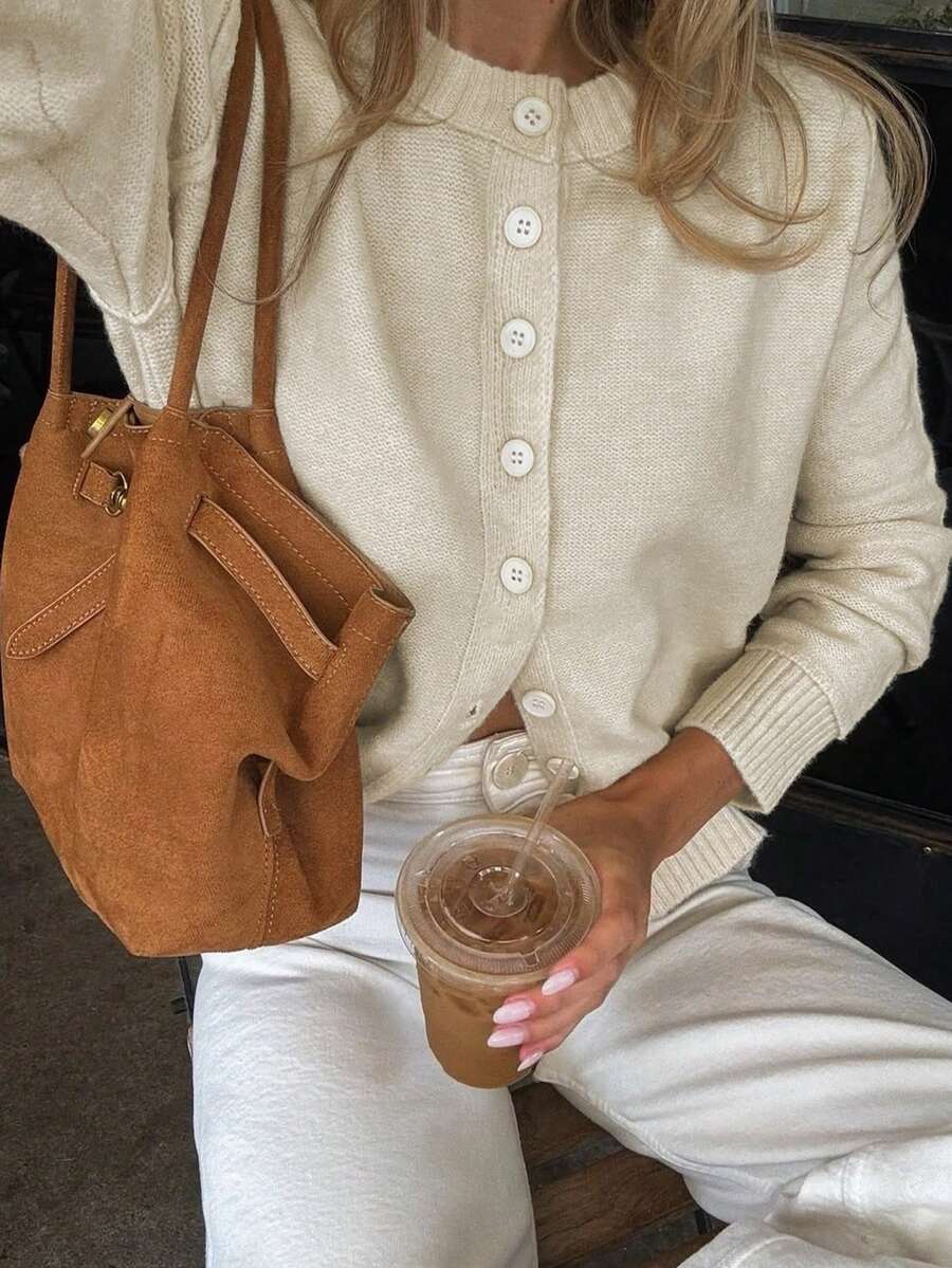 Damen Lässig Herbst und Winter einfarbiger Rundhals Einreiher Pullover Strickjacke Langarm Strickjacke / Vielseitiger Pullover für den täglichen Arbeitsweg