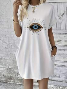 Printed T-Shirt Dress, Overseas Printing, Sparkling Blue Eye Printed Women's T-Shirt Skirt Short Sleeved Round Neck Casual Loose Fit Over The Knee, With Pockets, Short Sleeved Dress, Spring And Summer Beach Wear - 白色 - 查看 1