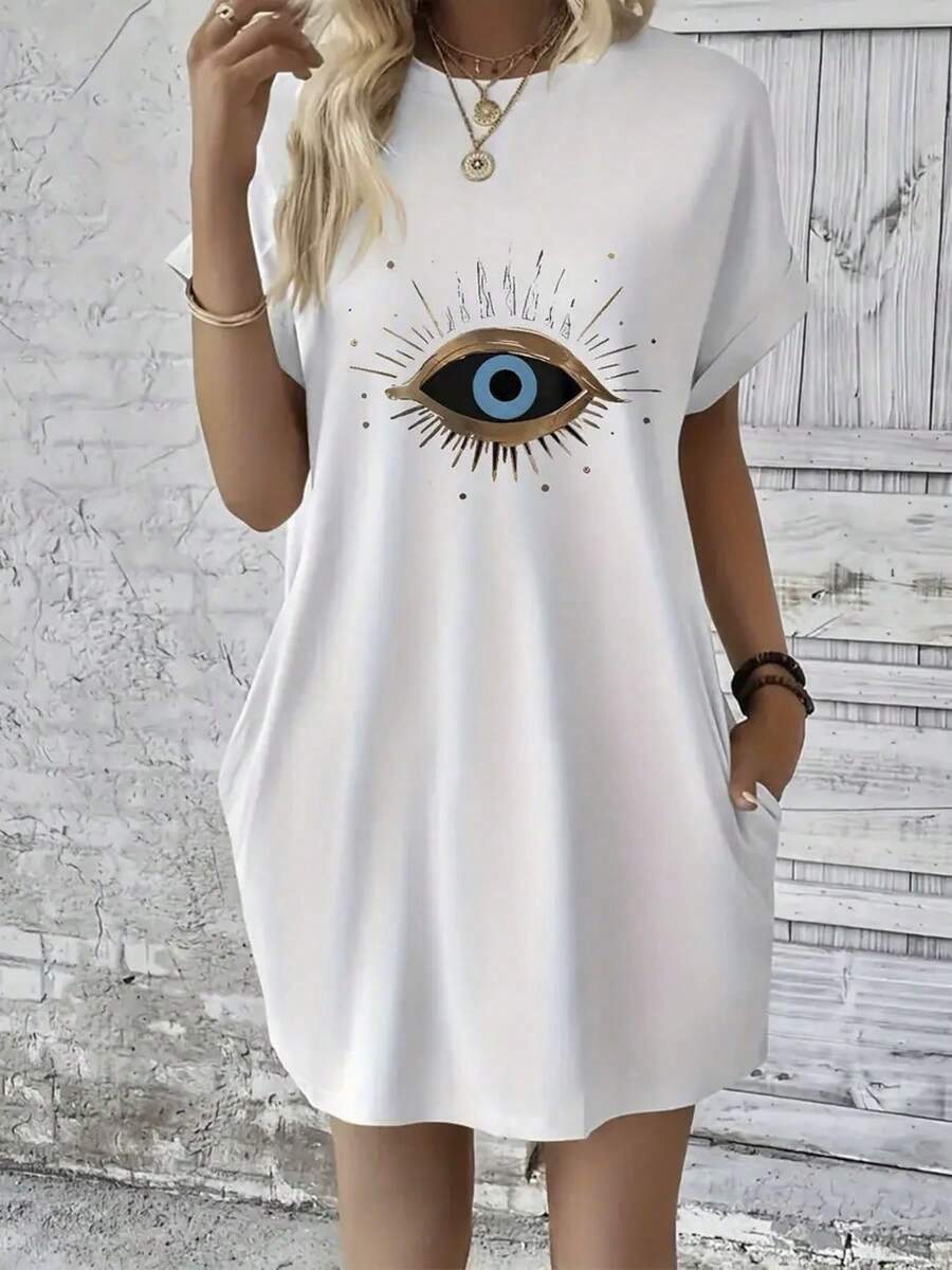 Printed T-Shirt Dress, Overseas Printing, Sparkling Blue Eye Printed Women's T-Shirt Skirt Short Sleeved Round Neck Casual Loose Fit Over The Knee, With Pockets, Short Sleeved Dress, Spring And Summer Beach Wear - 白色 - 查看 1
