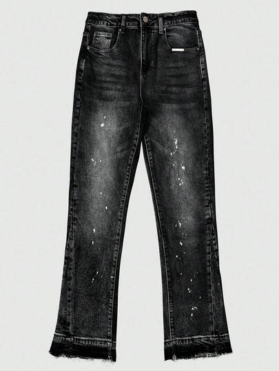 Lightweight Business Casual Washed Distressed Hem Jeans For Men, Versatile Slim Straight Leg Casual Pants, Suitable For All Seasons, Button Fly, Street Style Relaxed Fit