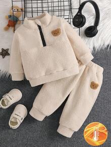 2pcs Baby Boy Fashion Plush Bear Embroidery Collar Zip-Up Top And Pants Set, Comfortable - Apricot - View 1
