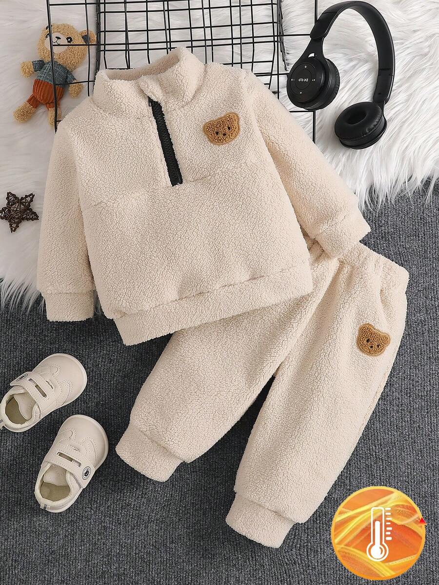 2pcs Baby Boy Fashion Plush Bear Embroidery Collar Zip-Up Top And Pants Set, Comfortable - Apricot - View 1