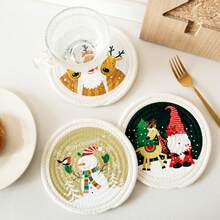 3pcs/Set Round Christmas Print Heat Insulation Pad Series, Cotton Rope Woven With Ribbon Packaging, Thick, Flexible, Multi-Purpose Insulation Pad For Cups, Bowls, Pots, Ideal For Christmas Gifts (Diameter: 7.09inch/18cm)