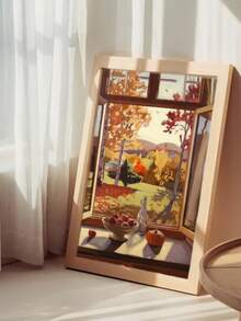 1 Piece Window View Poster Fall Art Posters Harvest Print Picture Pumpkin Decorative Paintings Maple Leaf Wall Arts Aesthetic Wall Picture Vintage Poster Set Living Room Wall Decor No Frame