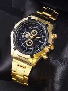 3pcs/Set Men's Oversized Dial Quartz Watch With Alloy Band, Suitable For Business, Sports, Daily Wear, And Beaded Crown Bracelet