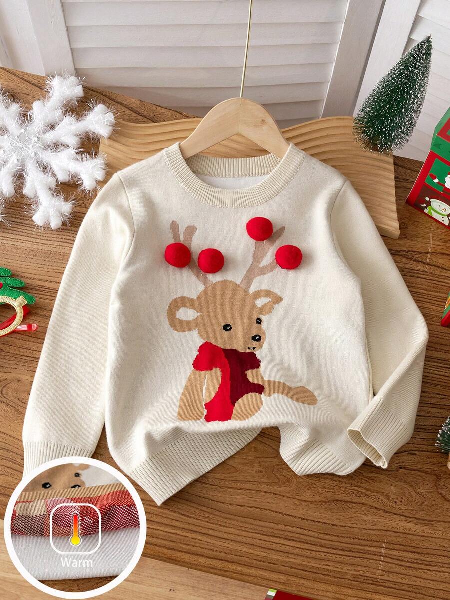 Tween Girl' Christmas Reindeer Pattern Knitted Pullover Sweater, Suitable For Christmas Party, Spring, Autumn, Winter