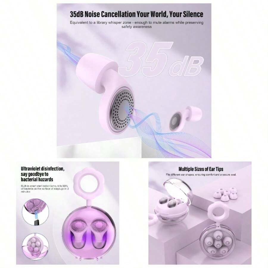 Ear Plugs, Sleep Earplugs With Cleaning, Memory Foam Silicone Tips, Noise Reduction Up To 35 DB, With 3 Sizes Case, Reusable, Noise Protection Earplug For Side Sleepers, Travel, Work Black - Purple - View 1