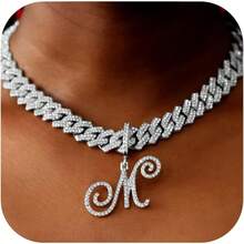 Gold Silver Plated Initial Cuban Link Chain Necklace Women Cursive Letter Gold Miami Cuban Link Chain Iced Out Chain With Pendant Women - Gold - View 5