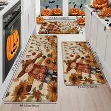 1 pièce/2 pièces/3 pièces Tapis de sol de cuisine épais imprimé de citrouille et d'épouvantail d'automne pour Thanksgiving et Halloween, tapis antidérapant et résistant à l'huile imprimé pour Thanksgiving, tapis de cuisine imperméable, tapis d'entrée lavable, tapis absorbant pour la cuisine, le salon, la buanderie, la salle de bain, décoration de la maison
