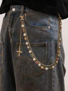 1pc Fashionable Hip-Hop Style Faux Pearl & Rhinestone Studded Colorful Cross Pendant Pants Chain, Suitable For Casual, Party, Daily Wear