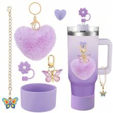 6 Stücke Silikon Becher Charm Set, geeignet für 30-40oz Becher mit Griffen, beinhaltet Strohdeckel, Strohkappe, Becherschutz, Herz Anhänger und Griff Charm Kette