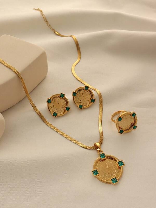 1 Set de Joyería Vintage de Aleación de Cobre Chapada en Oro con Incrustaciones de Rhinestone, Incluye Colgante, Aretes, Anillo y Collar, Adecuado para Uso Diario de Mujeres y Como Regalo de Vacaciones
