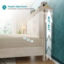 EnHomee LED Bed Frame With 2 Storage Drawers Velvet Upholstered Bed Frame With Charging Station And Adjustable Headboard Metal Platform Bed Frame,Beige - 米色 - 查看 4