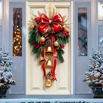 大号金色圣诞铃铛和花环门套 - 耐用涤纶，35.4 英寸 X 70.8 英寸 - 非常适合室内/室外节日装饰