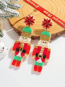 2pcs Bohemian Handmade Beaded Crystal Nutcracker Soldier Drop Earrings For Women, Festive Christmas Holiday Party Daily Wear Jewelry(Handmade Version, With Slight Variations)