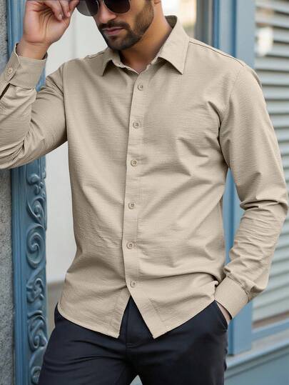 男士舒适面料单排扣长袖衬衫，男士休闲简约设计，适合居家、办公、度假、聚会，用途广泛，是送给男朋友或丈夫的最佳礼物