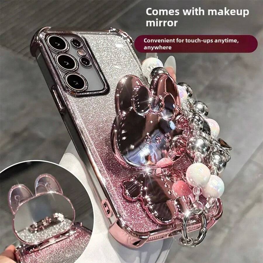 (Bracelet/Wristband) (Mirror Rabbit Stand) Butterfly Stand Compatible With Samsung S24 Ultra Phone Case, Fe Four-Corner Anti-Drop Galaxy S23 Plus Flower Strap Bracelet S22 Glitter Protective Case, New Women's S25/S25U Phone Case - Pink - View 1