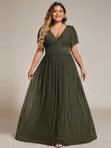 Plus Size Women V-Neck Short Sleeve Formal Long Dress, Suitable For Mother's Day Party, Graduation Ceremony, Wedding Guest And Other Occasions Spring - Olive Green - View 6