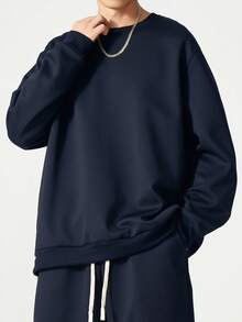 男士加大码保暖圆领卫衣，加厚保暖套头长袖卫衣，秋冬季 - 藍色 - 查看 4