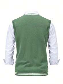 1pc Men V-Neck Autumn/Winter Knitted Vest, Solid Color Casual Pullover Sweater Vest