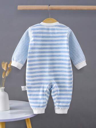 Babyjumpsuit, Spädbarnsjumpsuit, Blå björnmönster vår/höstjumpsuit med tryckknappar, Unisex