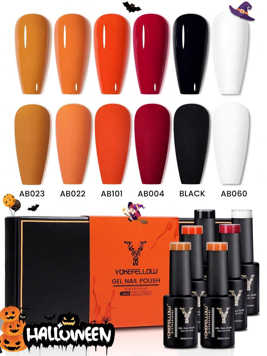 10ML YOKEFELLOW Orange Gel Nail Polish Set, Pumpkin Orange Color Red Black Semi-Permanent Fall Acrylic Nails Set Collection For Nails Soak Off UV/LED For Home Salon Nail Art DIY And Holiday Gift Collection For Women Girls - 彩色 - 查看 1