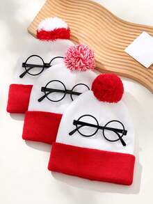 1pc Autumn/Winter Simple Color Block Knit Beanie Hat, Unisex Casual Versatile Christmas Knit Hat With Decorative Glasses