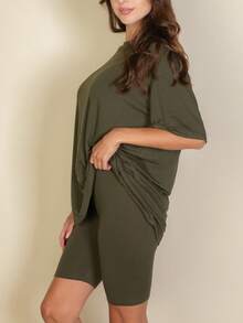 2pcs Loose Fit Top & Biker Shorts Set For Women, Solid Color Round Neck Machine Washable Comfy Basic Loungewear Sets For Summer Spring Fall - 橄欖 - 查看 3
