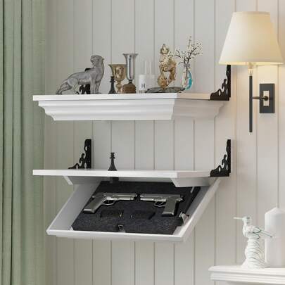 HNEBC 24" Solid Wood Gun Shelf With Hidden Compartment, Floating Wall Mount Gun Rack For Living Room Decor, Compact Concealed Furniture For Secure Gun Storage