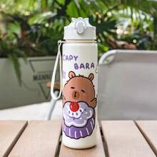 1pc Cute Water Bottle With Water Vole/Capybara Theme Print, 23oz Plastic Sports Water Bottle With Lid, Straw And Lanyard, Portable For Outdoor Sports, Hiking, Travel, Camping, Holiday & Halloween Gifts