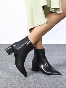 1 Pair Women's New Solid Color Simple Versatile Commuting Office Pointed Toe Side Zipper Chunky Heel Mid-Calf Boots, Autumn/Winter - Black - View 2