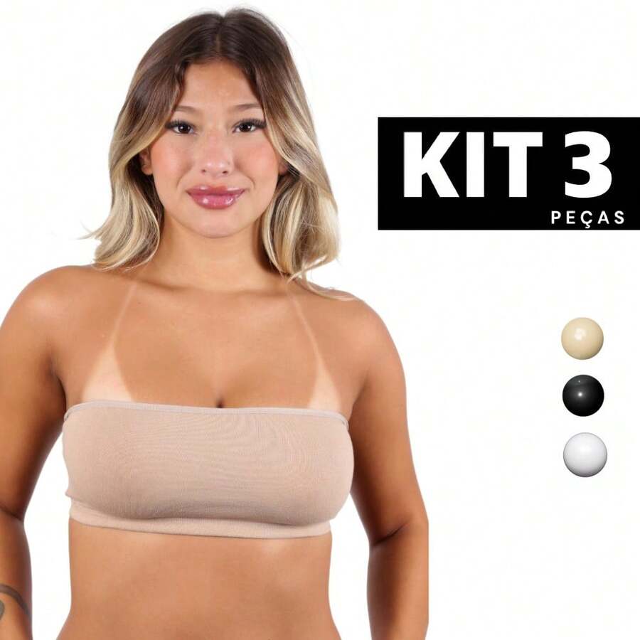 Kit 3 Top Faixa Cropped Sem Bojo Algodão Confortável Fitness Academia Sutiã Tomara Que Caia Barato - 3 TOP's (VARIADOS) - Visão 1