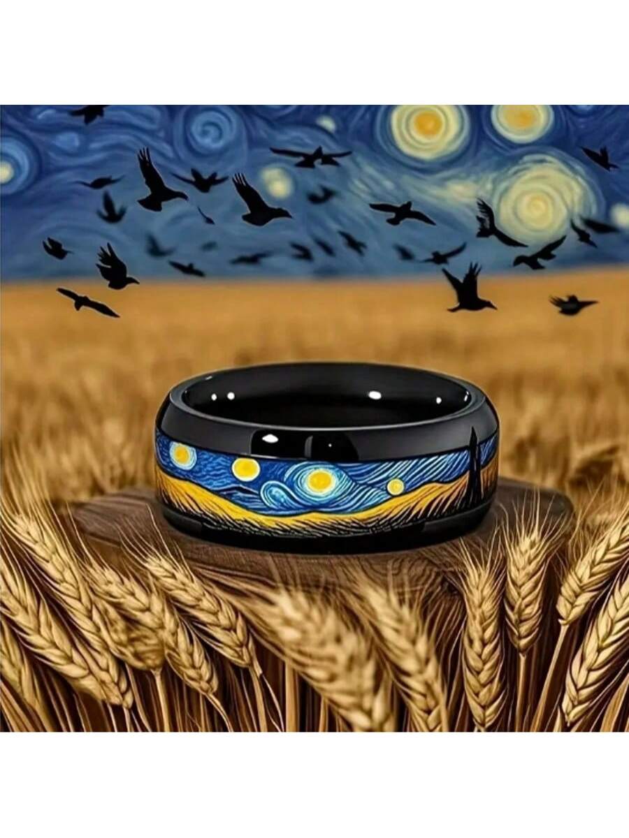 Anello in acciaio inossidabile con motivo Notte stellata di Van Gogh in nero