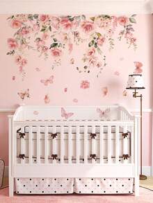 1 件墙贴 - [粉色花朵、绿叶、蝴蝶、蜂鸟] PVC 自粘可移除墙贴，适用于托儿所、儿童房、游戏室或教室 - 适合任何空间的可爱创意墙面装饰