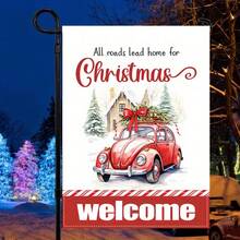 Joyful Double-Sided Christmas Garden Flag: Red Beetle Car Welcomes Winter Holiday - Waterproof, Burlap And Washable