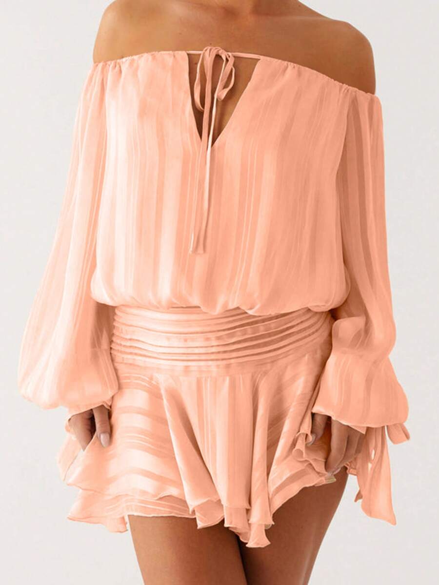 Vestido mini de tubo para mujer, moderno, sin espalda, sin tirantes, de manga larga, fruncido y con volantes - Rosa - Ver 1