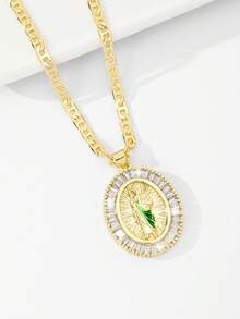 1pc 2025 New Hypoallergenic Copper Inlaid Colorful Green Zirconia Round Priest Pendant Necklace, Suitable For Christmas/Thanksgiving/Mother's Day/Valentine's Day Couples/Friends/Fellow Church Members As Gifts, Catholic First Communion, Daily Festival Wear And Prayer